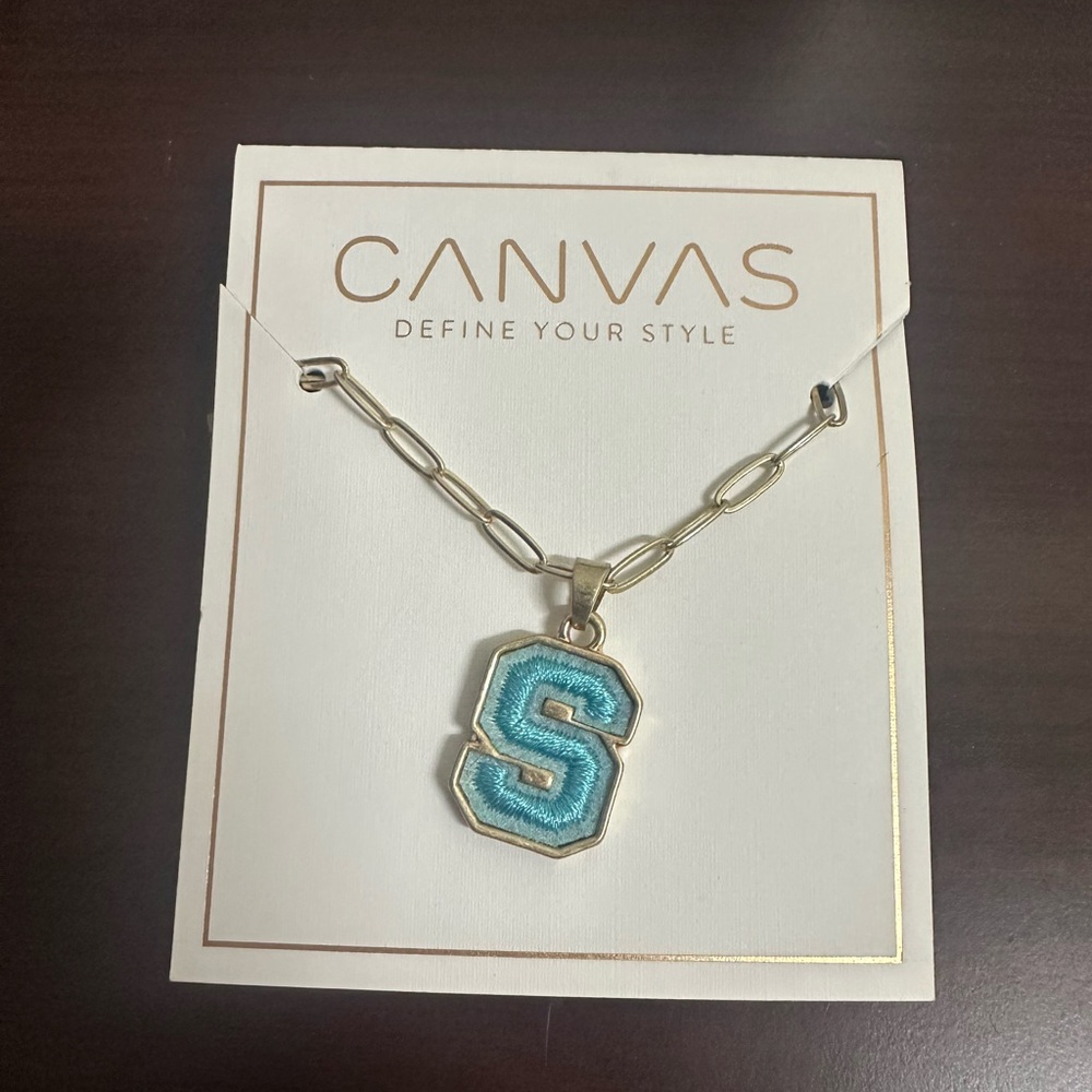 Canvas Gold Chain Necklace with Blue Embroidered S